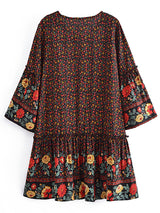 Boho Mini Dress – “Crimson Meadow” Red Floral Tunic Dres in Red & Black