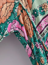 Bohemian Maxi Gown – “Emerald Wildflower” Green Floral Long Sleeve Tie-Neck Dress