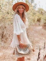 Boho Mini Dress – Boho White Dres –“Whisper Light” Batwing Sleeve Mini Sundress with Buttons