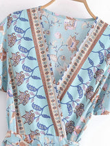 Boho Midi Dress – Isla Light Blue Wrap Style Dress with Tie Waist and Boho Print