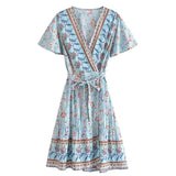 Boho Midi Dress – Isla Light Blue Wrap Style Dress with Tie Waist and Boho Print