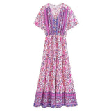 Boho Maxi Dress – “Lavender Reverie” Purple Floral Short Sleeve V-Neck Dress