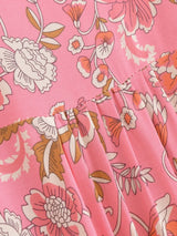 Bohemian Maxi Dress – “Rosewater Bloom” Pink Floral Tie-Neck Pleated Maxi Dress