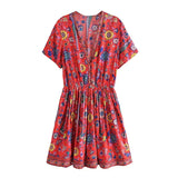Boho Summer Dress – Soleil Short Sleeve Mini Dress with Bird and Floral Print (Red & Purple)