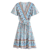 Boho Midi Dress – Isla Light Blue Wrap Style Dress with Tie Waist and Boho Print