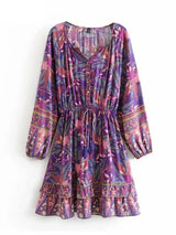 Boho Mini Dress – “Twilight Garden” Purple Floral Long Sleeve Tunic for Women