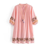 Boho Mini Dress – “Blush Botanica” Pink Floral Embroidered Tassel-Tie Dress