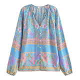 Boho Top for Women – Bohemian Blouse - Freya Pink & Blue Floral Long Sleeve Top
