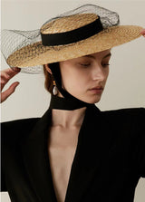 Boho Hat - Summer Hats, Sun Hat, Beach Hat - Wide Brim Straw Hat, Vintage Style with Long Ribbon Mesh Darcy