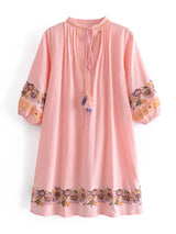 Boho Mini Dress – “Blush Botanica” Pink Floral Embroidered Tassel-Tie Dress