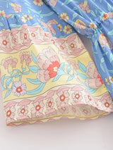 Boho Mini Dress – Blue Floral Tunic Sundress with Bell Sleeves Elowen