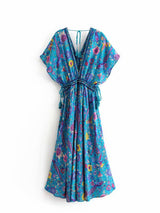 Bohemian Maxi Dress – “Mirage” Flowing Festival Gown Boho Beach Dress in Blue and Red
