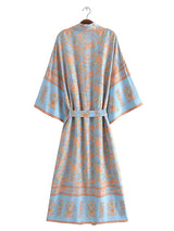 Boho Kimono Robe – “Blue Mirage” Lightweight Robe in Sky Blue & Gold for Lounge or Beach