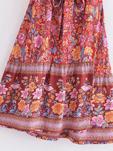 Boho Mini Dress – “Golden Folk” Vintage Floral Wrap Dress Sundress in Pink & Black