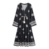 Bohemian Maxi Gown – “Starlit Nomad” Floral Long Sleeve Tassel Dress