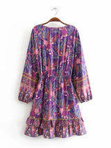 Boho Mini Dress – “Twilight Garden” Purple Floral Long Sleeve Tunic for Women