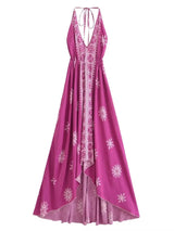 Bohemian Summer Maxi Dress – Ayla Backless Flowy Halter Dress in Green, Purple, White