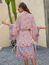 Boho Kimono Cover-Up – “Ocean Temple” Floral Print Maxi Robe in Turquoise Blue & Pink
