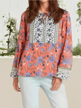 Boho Top for Women – Bohemian Blouse - “Terracotta Folk” Vintage Floral Printed Shirt in Pink & Green