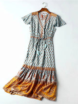 Bohemian Maxi Dress – “Terracotta Breeze” Flowy Summer Dress in Mint and Pink