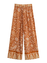 Boho Wide Leg Pants – “Saffron Meadow” Rust Floral Drawstring Palazzo Pants