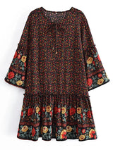 Boho Mini Dress – “Crimson Meadow” Red Floral Tunic Dres in Red & Black