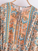 Boho Maxi Dress – “Desert Mosaic” Long Sleeve Printed Gown in Red & Dusty