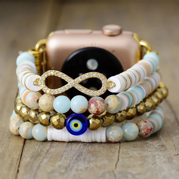 Boho Apple Watch Band - Infinity White Pearl Beads Wrist Strech Bracelet