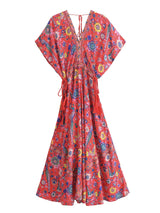Boho Sundress – “Bird Flower in Red” Lightweight Maxi Dress for Summer Days