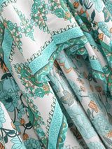 Boho High-Low Skirt – Indira Smocked Waist Floral Maxi Skirt in Navy and Green