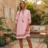 Boho Mini Dress – “Blush Botanica” Pink Floral Embroidered Tassel-Tie Dress