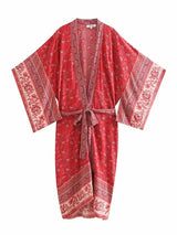 Boho Kimono Robe – “Desert Rosewood” Printed Lounge Cover-Up in Rust Red & Desert Rosewood