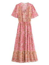 Bohemian Maxi Dress – “Rosewater Bloom” Pink Floral Tie-Neck Pleated Maxi Dress