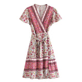 Summer Women Floral Print  Wrap V-neck Beach Wrap Bohemian Mini Dress Kaftan Ladies Short Sleeve Sexy Boho Dresses Vestidos