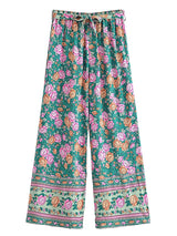 Boho Wide Leg Pants – Meadow Green Floral Print Lounge Pants for Women