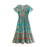 Boho Summer Dress – “Ocean Bloom” Flowy V-Neck Sundress in Teal & Green Floral Print