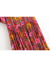 Boho Maxi Dress – “Wild Sunset” Button-Front Floral Sundress in Red