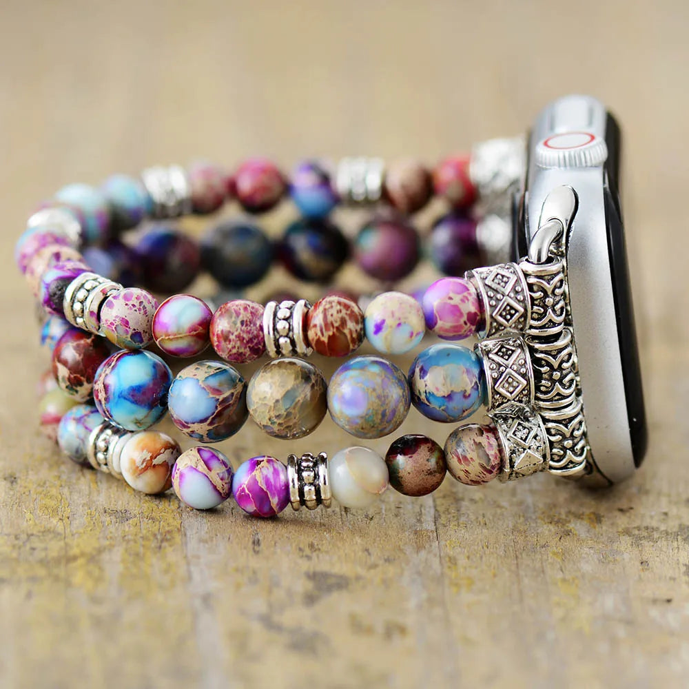 Boho Apple Watch Band - Silver Gothic Purple Jaspers Beads  display picture 3