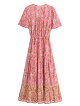Bohemian Maxi Dress – “Rosewater Bloom” Pink Floral Tie-Neck Pleated Maxi Dress