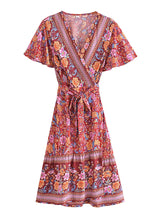 Boho Mini Dress – “Golden Folk” Vintage Floral Wrap Dress Sundress in Pink & Black