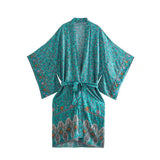 Boho Kimono Cover-Up – “Ocean Temple” Floral Print Maxi Robe in Turquoise Blue & Pink