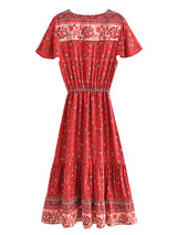 Bohemian Mini Dress – “Rosy Caravan” Flowy Red Floral Dress Summer Sundress in Red & Sand