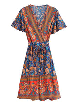 Boho Mini Dress – “Golden Folk” Vintage Floral Wrap Dress Sundress in Pink & Black