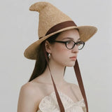 Boho Witch Hat - Pointed Wheat Straw Costume Hat