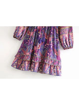 Boho Mini Dress – “Twilight Garden” Purple Floral Long Sleeve Tunic for Women