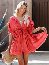 Boho Mini Dress – Boho White Dres – “Bare Grace” Deep V Ruffle Sleeve Mini Sundress