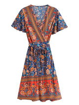 Boho Mini Dress – “Golden Folk” Vintage Floral Wrap Dress Sundress in Pink & Black