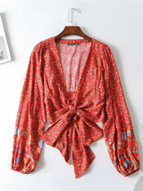 Boho Top for Women – Bohemian Blouse - “Olive Meadow”  in Red & Beige