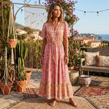 Bohemian Maxi Dress – “Rosewater Bloom” Pink Floral Tie-Neck Pleated Maxi Dress