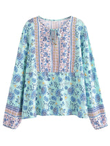 Boho Top for Women – Bohemian Blouse - “Terracotta Folk” Vintage Floral Printed Shirt in Pink & Green
